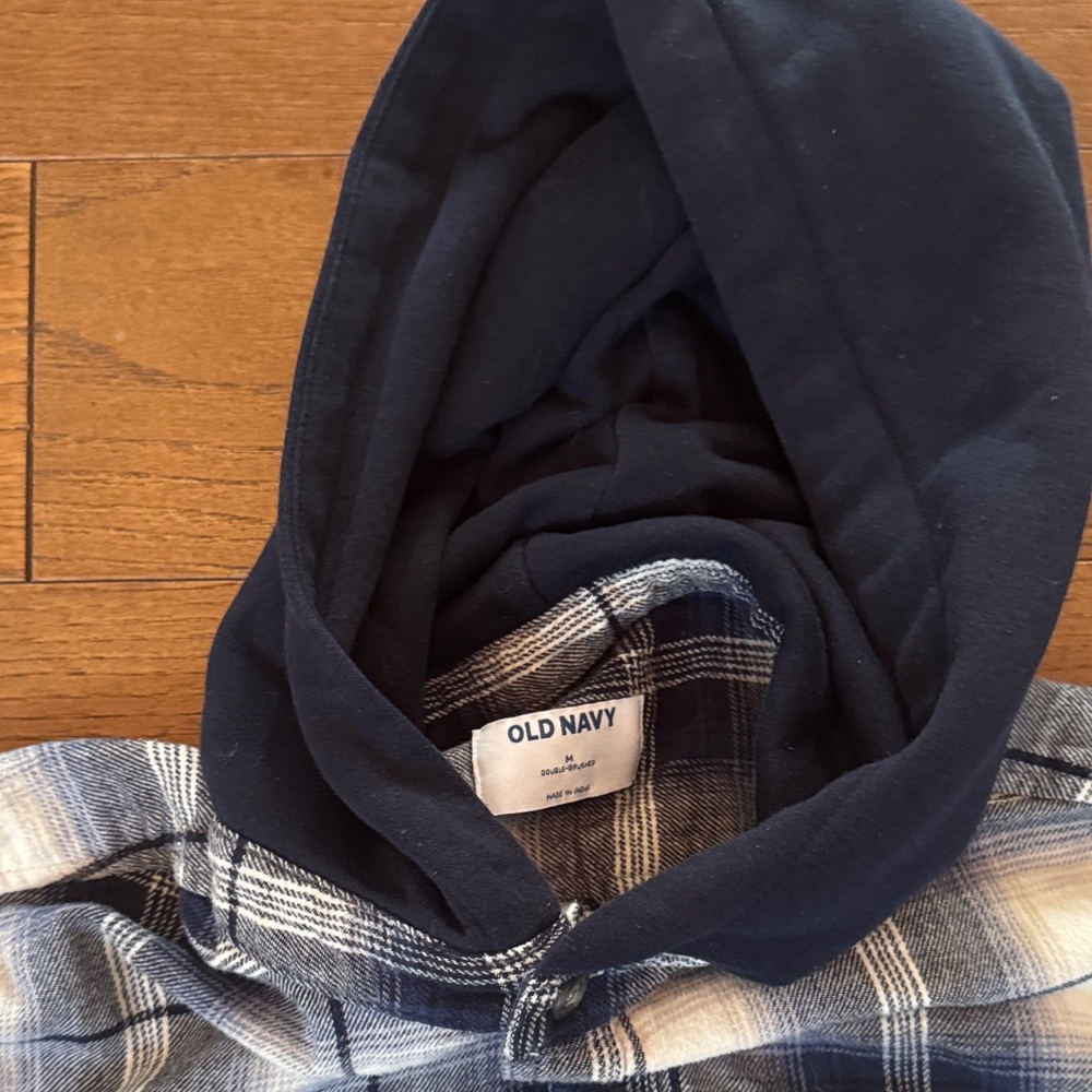 Old Navy Navy and White Plaid Button-Up Shirt with Hood - Picture 6 of 8